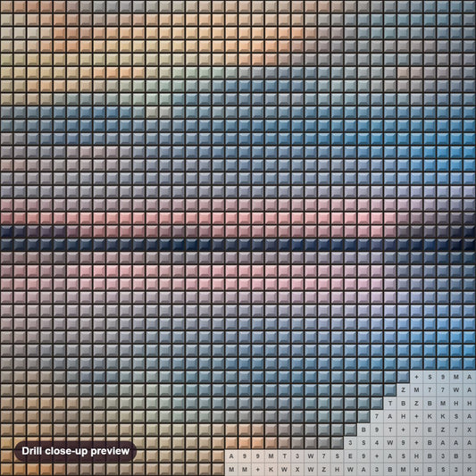 Close-up preview of the Pastel Clouds At Sunset diamond painting with square 5D drills and printed canvas symbols