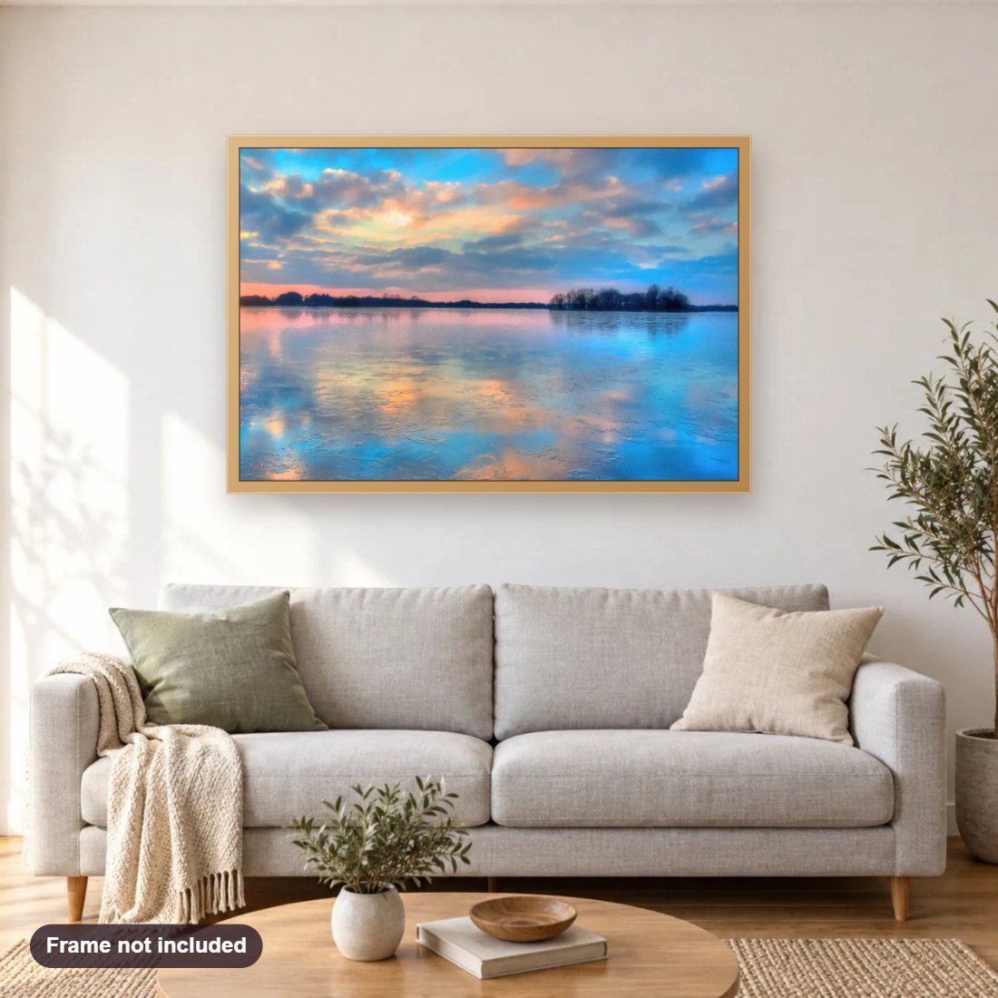 Pastel Clouds At Sunset diamond painting shown framed on a living room wall above a sofa