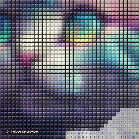 Close-up preview of the Pastel Rainbow Kitty diamond painting with square 5D drills and printed canvas symbols