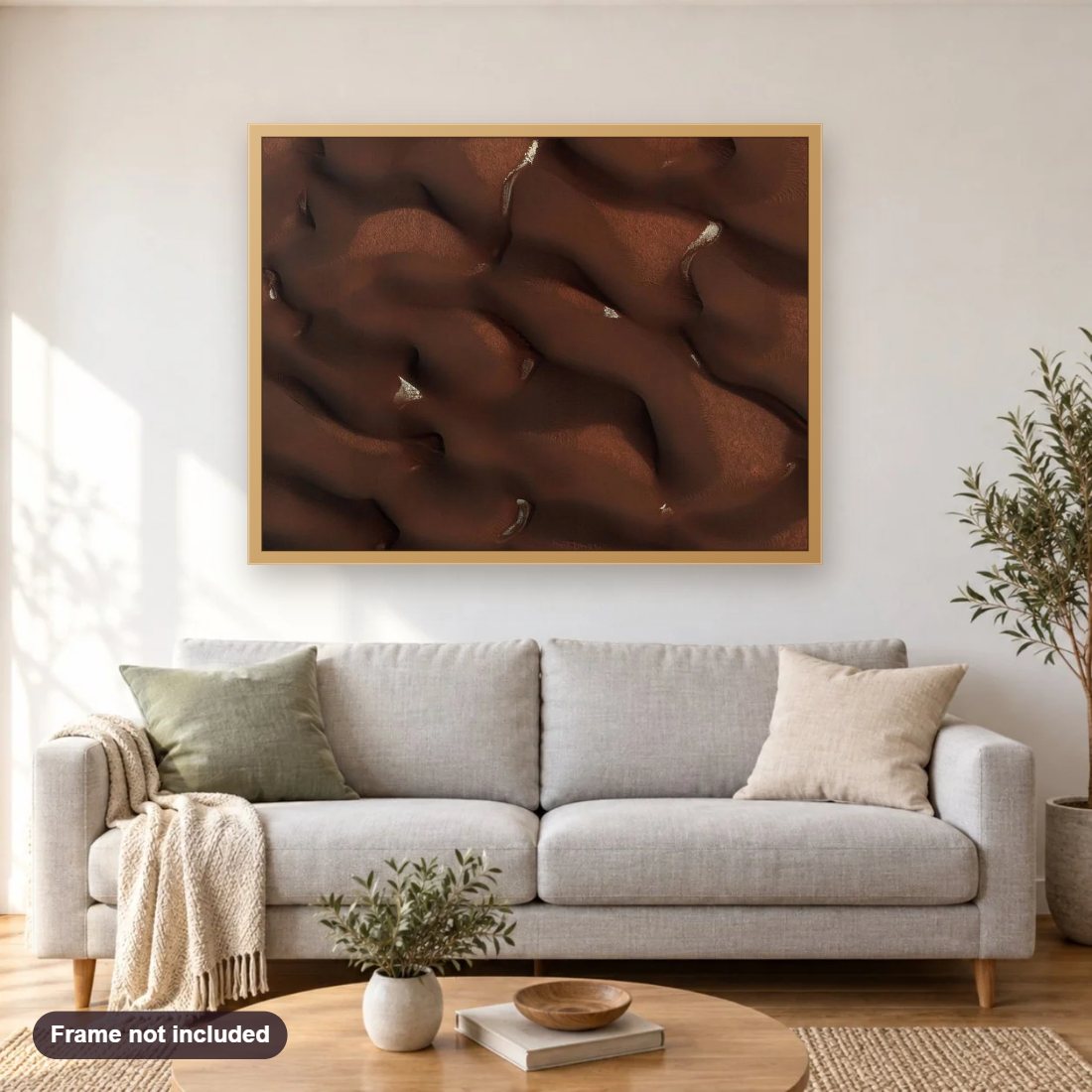 Patches of Snow on the Red Planet diamond painting shown framed on a living room wall above a sofa