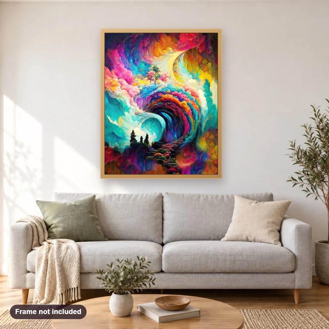 Paths To The Unseen diamond painting shown framed on a living room wall above a sofa