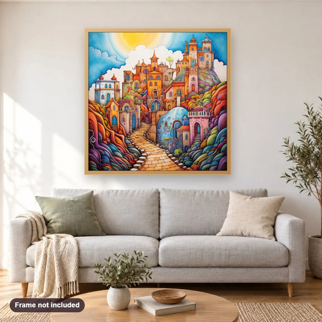 Pathway to Dream Place diamond painting shown framed on a living room wall above a sofa