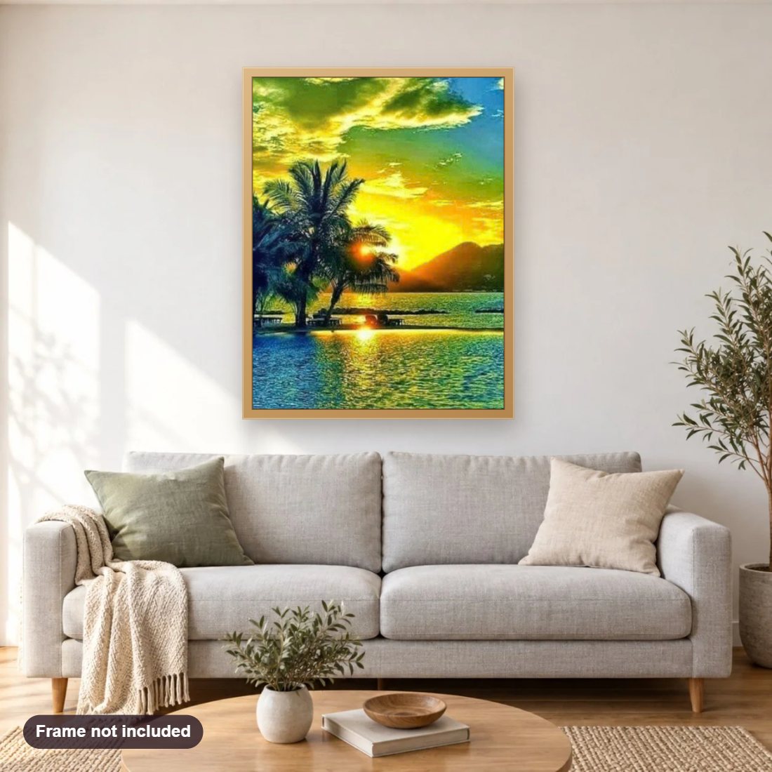 Peaceful Morning diamond painting shown framed on a living room wall above a sofa
