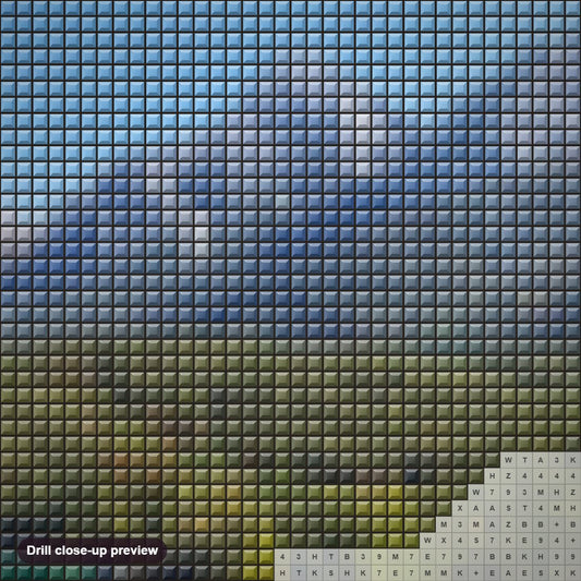 Close-up preview of the Peaceful Mountains diamond painting with square 5D drills and printed canvas symbols
