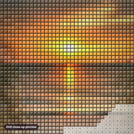 Close-up preview of the Peaceful Sunset diamond painting with square 5D drills and printed canvas symbols