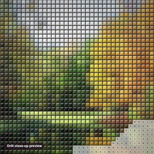 Close-up preview of the Peaceful View diamond painting with square 5D drills and printed canvas symbols