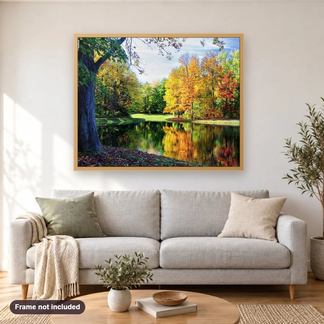 Peaceful View diamond painting shown framed on a living room wall above a sofa