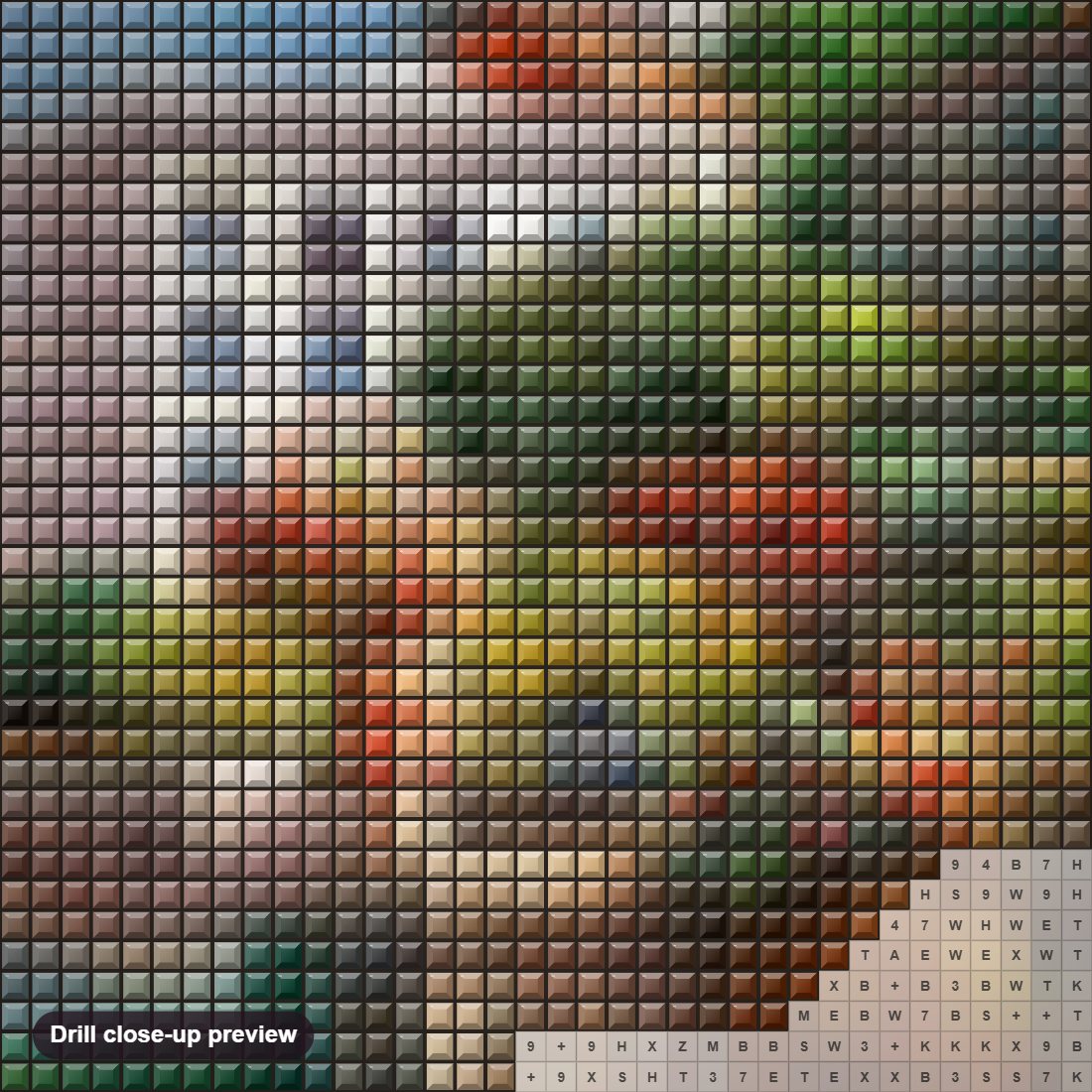 Close-up preview of the Peaceful Villas by the River diamond painting with square 5D drills and printed canvas symbols
