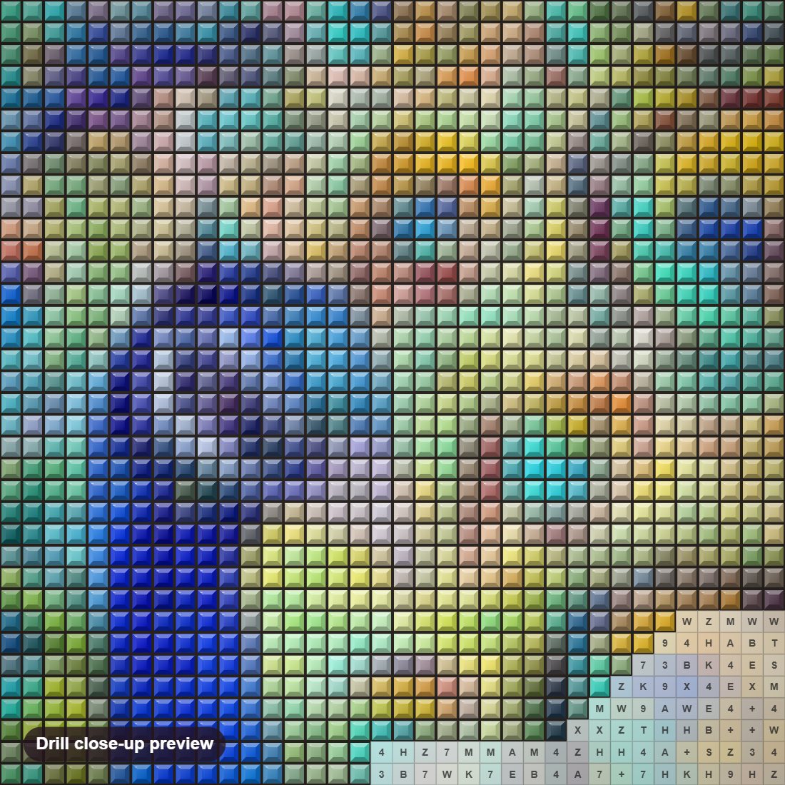 Close-up preview of the Peacock diamond painting with square 5D drills and printed canvas symbols