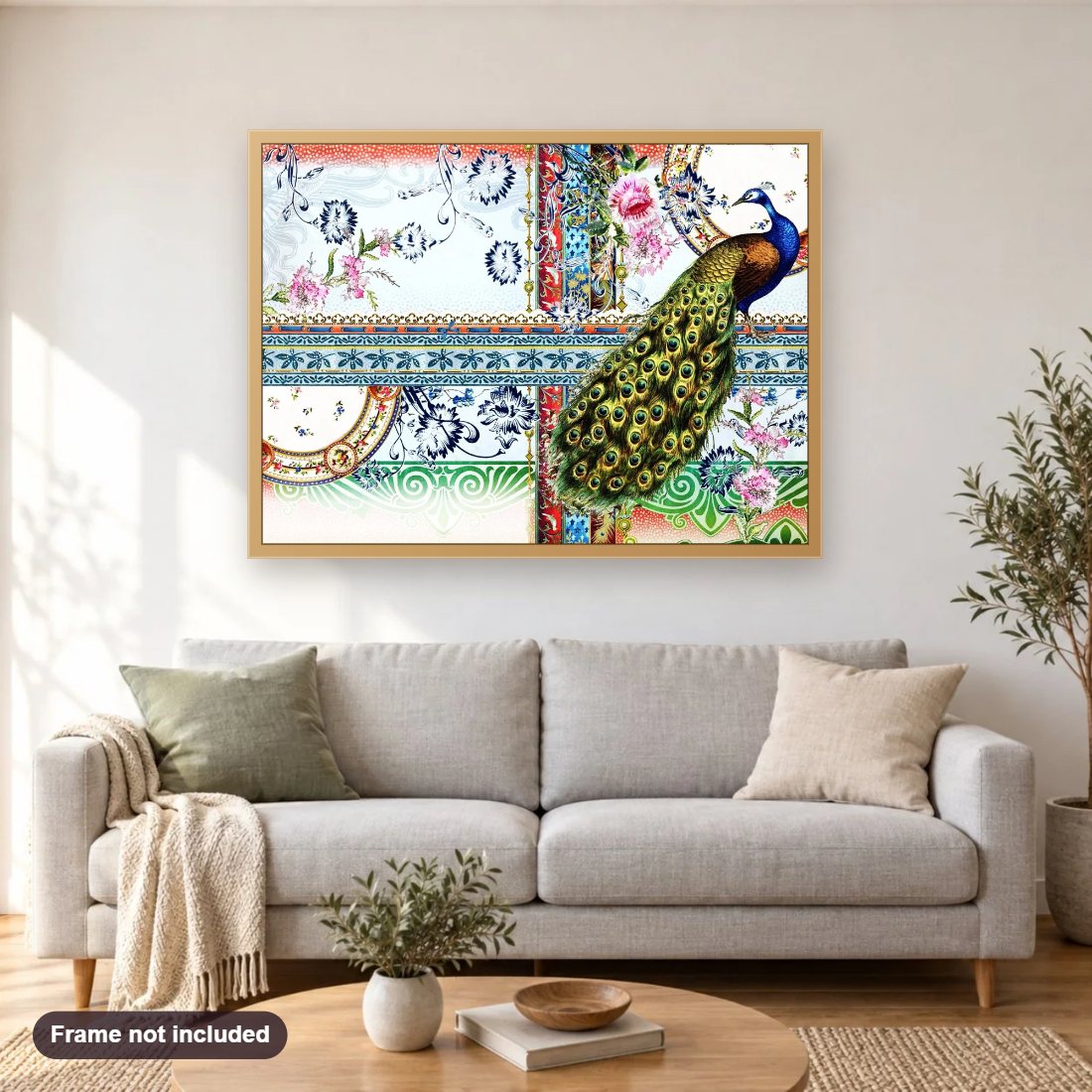 Peacocks I diamond painting shown framed on a living room wall above a sofa