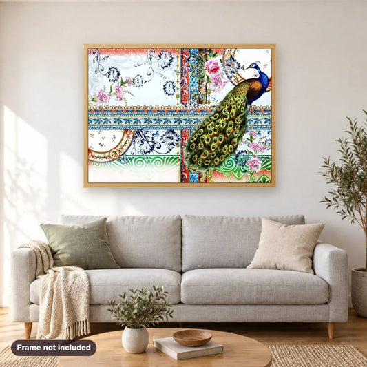 Peacocks I diamond painting shown framed on a living room wall above a sofa