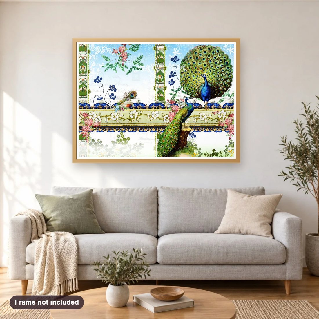 Peacocks II diamond painting shown framed on a living room wall above a sofa