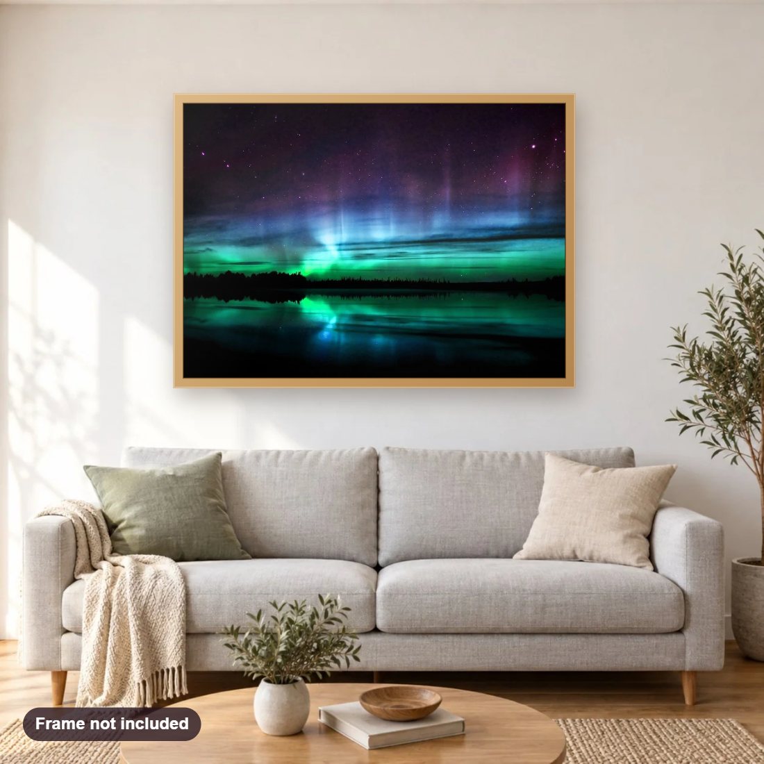 Peak Season for Aurora Borealis diamond painting shown framed on a living room wall above a sofa