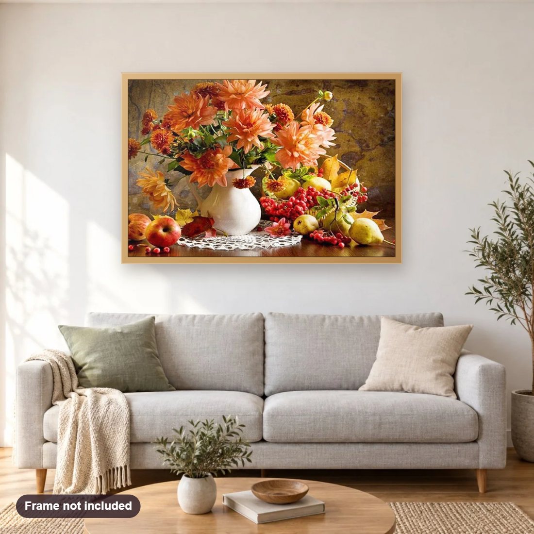 Pears, Apples & Floral Vase diamond painting shown framed on a living room wall above a sofa