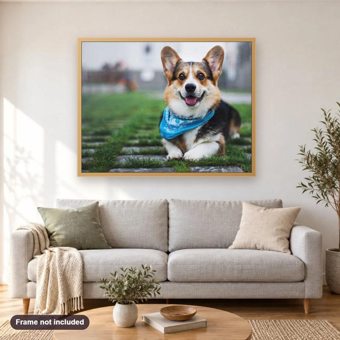 Pembroke Welsh Corgi diamond painting shown framed on a living room wall above a sofa