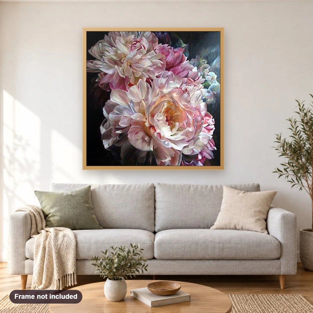 Peony Flower Close up diamond painting shown framed on a living room wall above a sofa