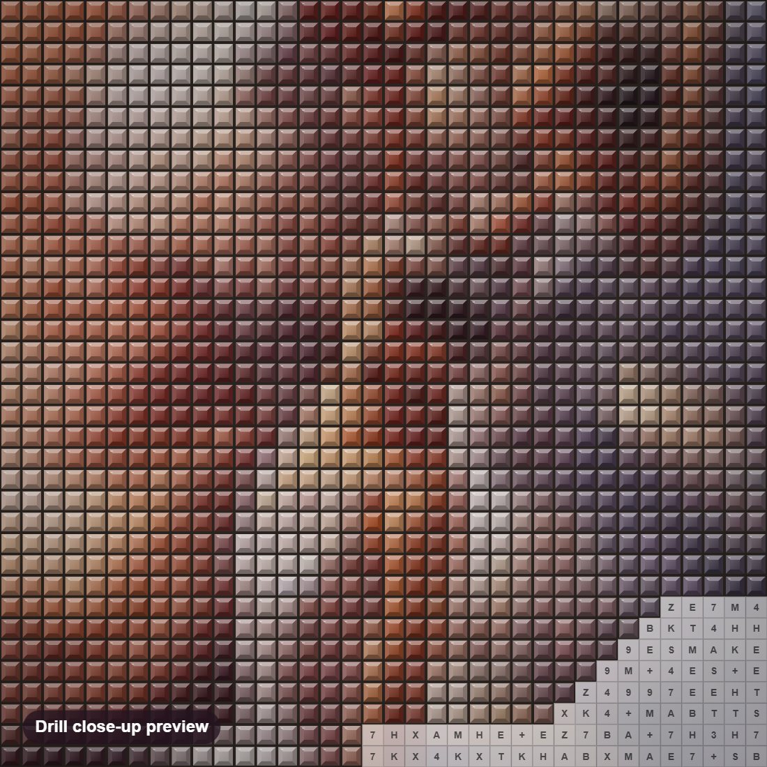 Close-up preview of the Perfect Grace diamond painting with square 5D drills and printed canvas symbols