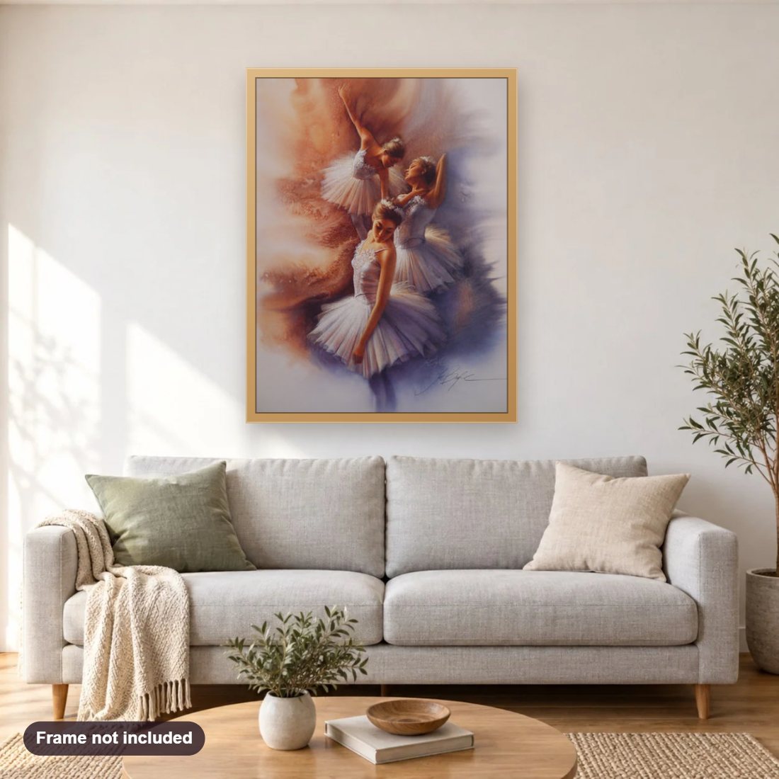 Perfect Grace diamond painting shown framed on a living room wall above a sofa