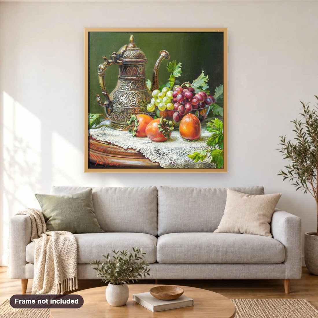 Persimmons & Grapes Still Life diamond painting shown framed on a living room wall above a sofa