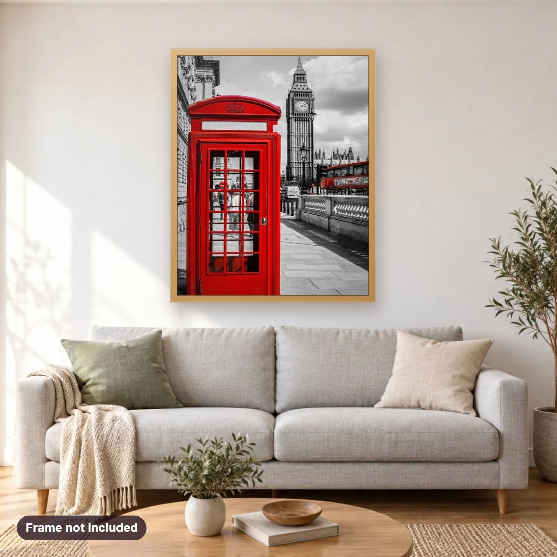 Phone Booth in London diamond painting shown framed on a living room wall above a sofa