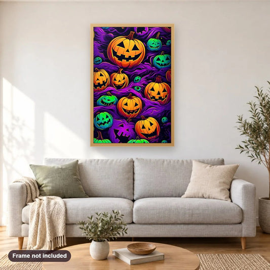 Pick Me up for Halloween diamond painting shown framed on a living room wall above a sofa