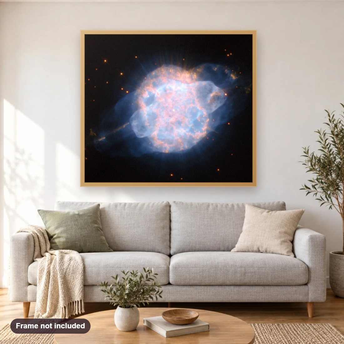 A Piercing Celestial Eye Stares Back at Hubble diamond painting shown framed on a living room wall above a sofa