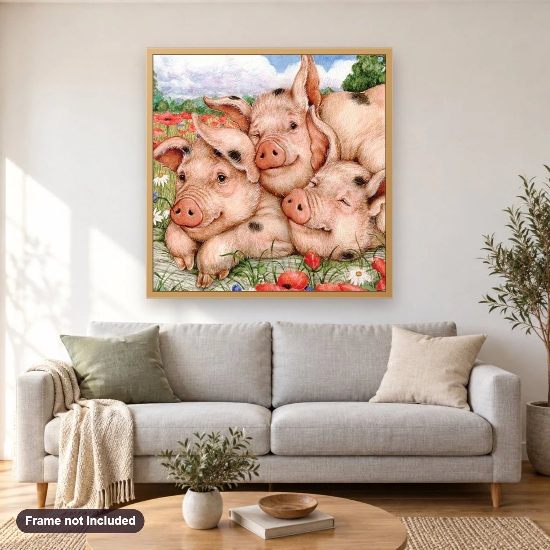 Pig Family diamond painting shown framed on a living room wall above a sofa