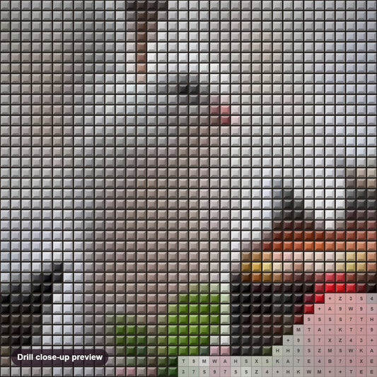 Close-up preview of the Pigeon with Red Rose diamond painting with square 5D drills and printed canvas symbols