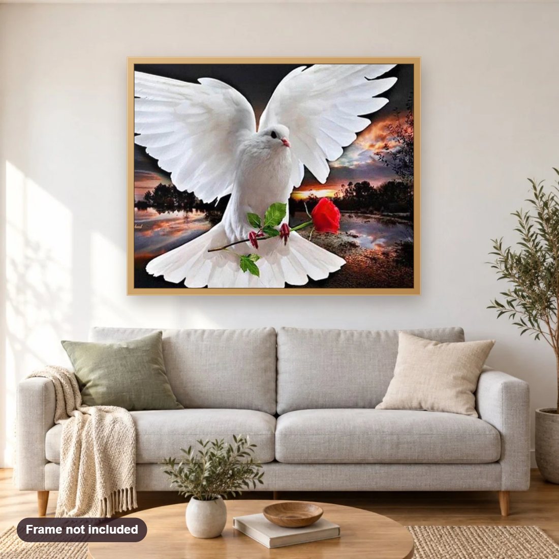 Pigeon with Red Rose diamond painting shown framed on a living room wall above a sofa
