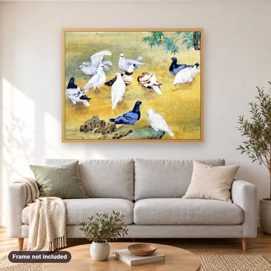 Pigeons diamond painting shown framed on a living room wall above a sofa