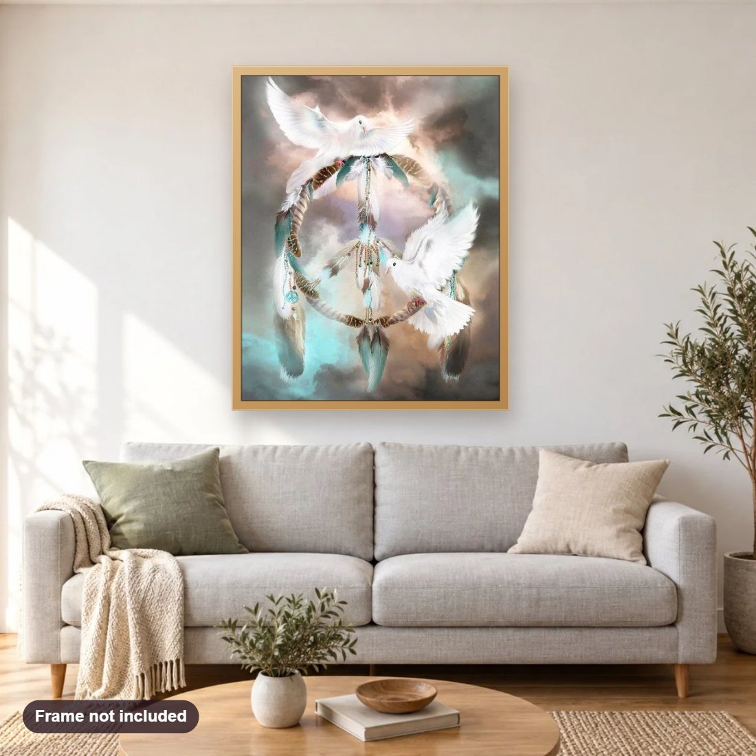 Pigeons Dream Catcher diamond painting shown framed on a living room wall above a sofa