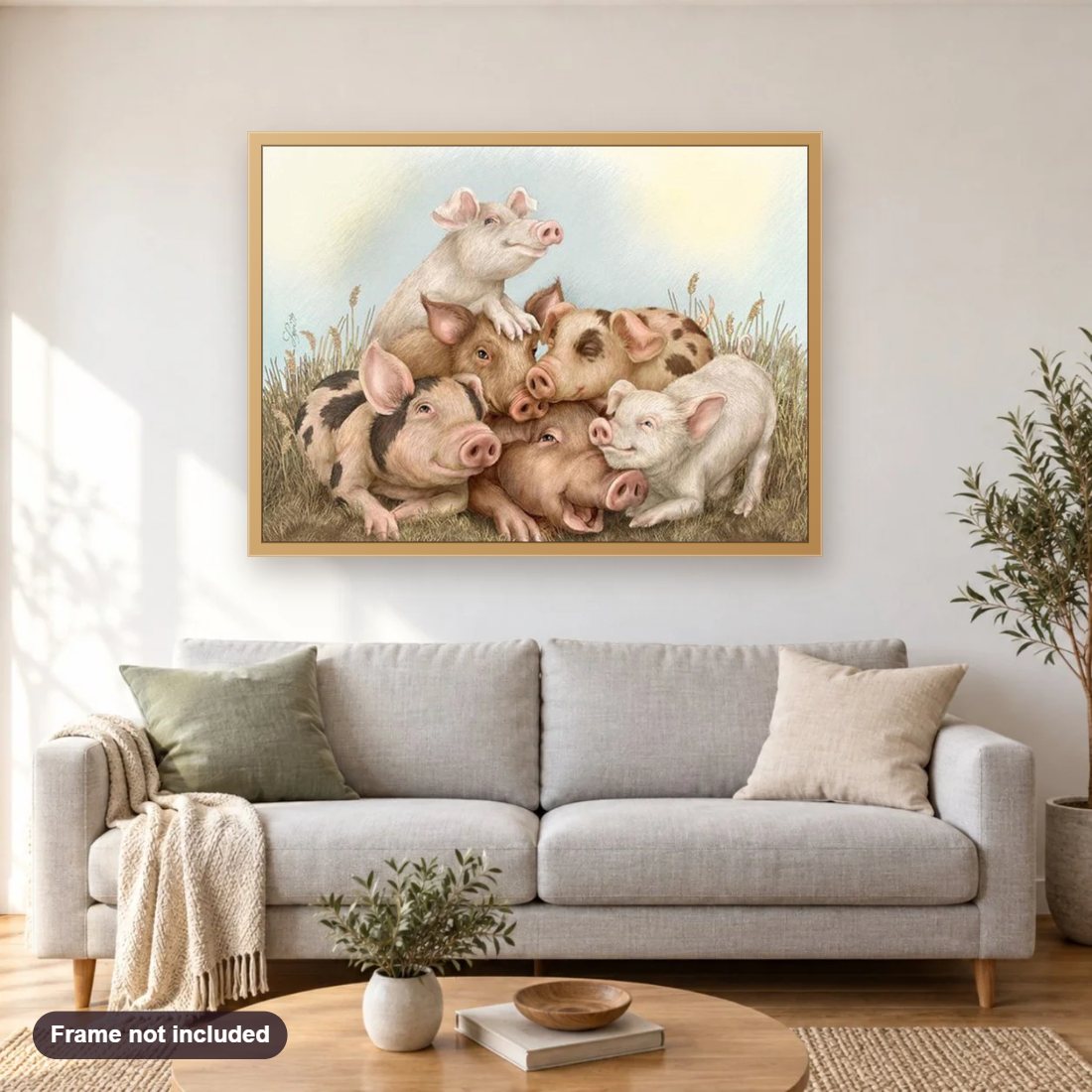 Pigs Family diamond painting shown framed on a living room wall above a sofa