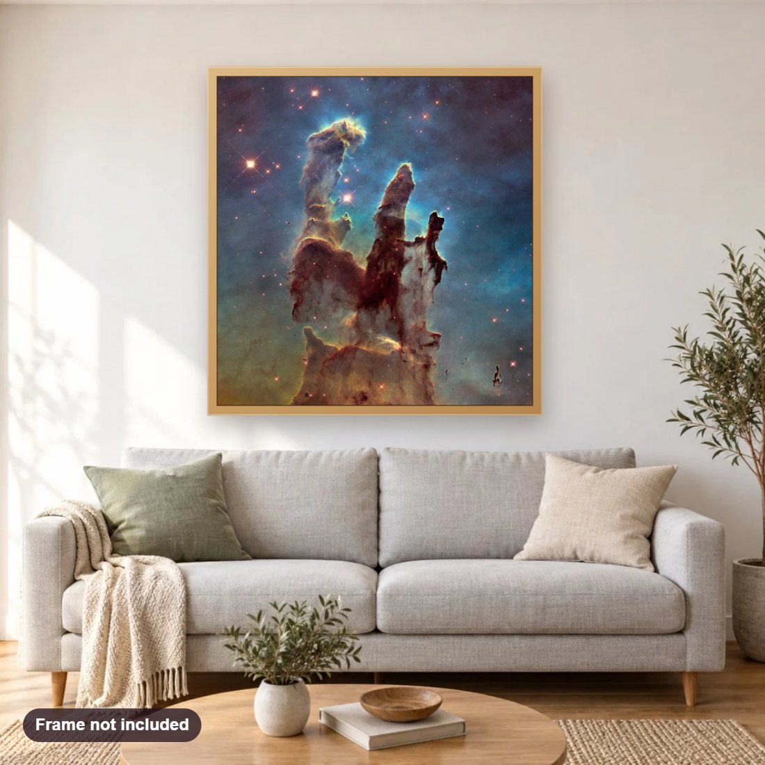 Pillars of Creation diamond painting shown framed on a living room wall above a sofa