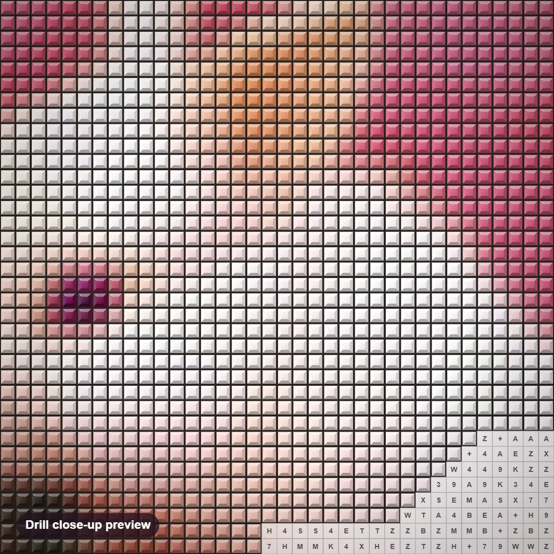 Close-up preview of the Pink Bunny diamond painting with square 5D drills and printed canvas symbols