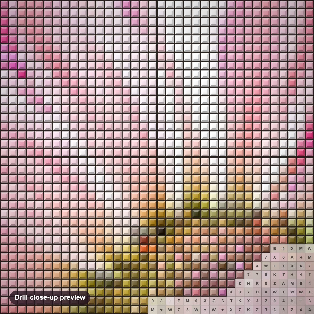 Close-up preview of the Pink Dahlia diamond painting with square 5D drills and printed canvas symbols
