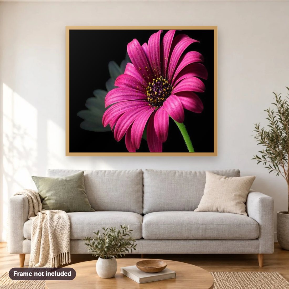 Pink Daisy diamond painting shown framed on a living room wall above a sofa