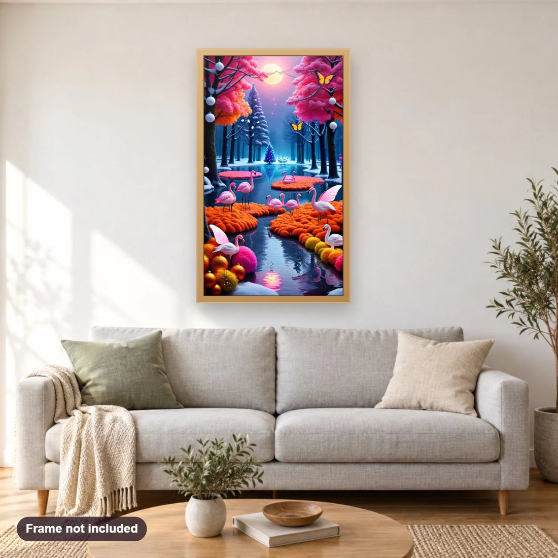 Pink Flamingoes under the Moon's Glow diamond painting shown framed on a living room wall above a sofa