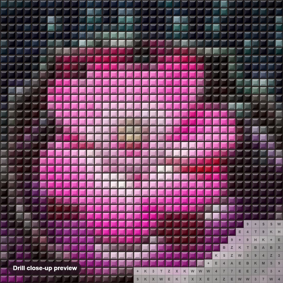 Close-up preview of the Pink Flower in Water & Raindrops diamond painting with square 5D drills and printed canvas symbols