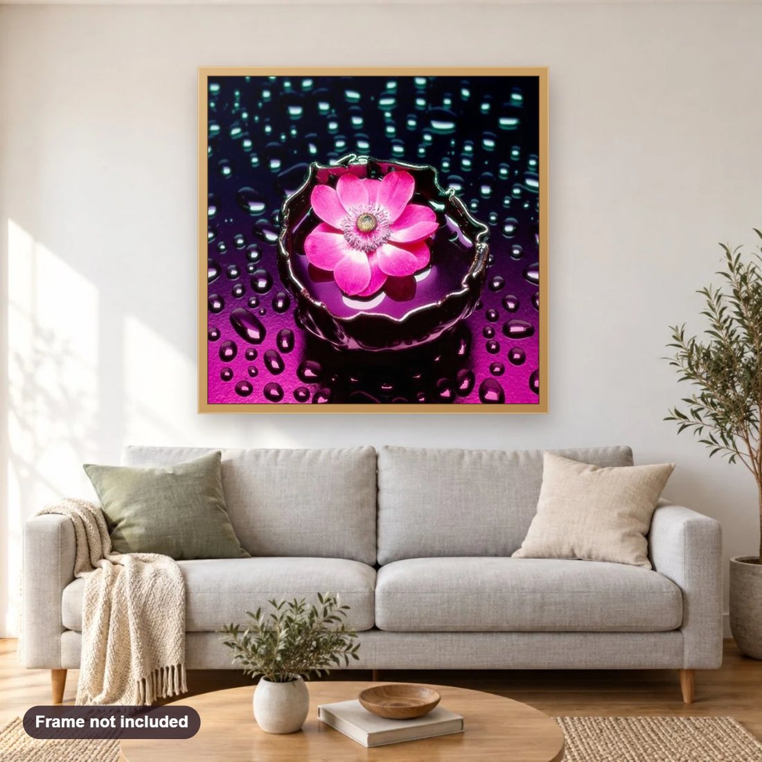 Pink Flower in Water & Raindrops diamond painting shown framed on a living room wall above a sofa