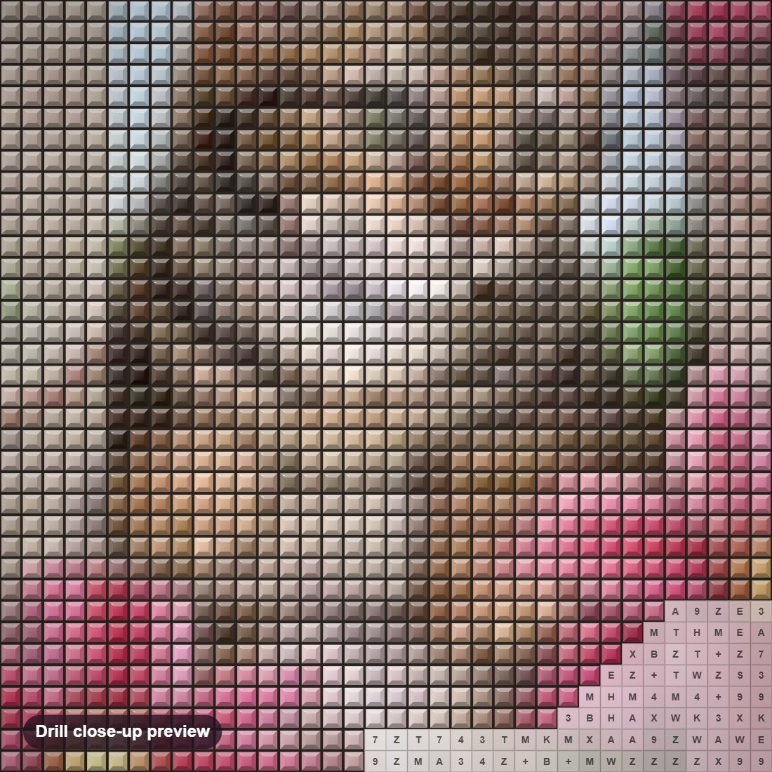 Close-up preview of the Pink Flowers & Spying Cat diamond painting with square 5D drills and printed canvas symbols