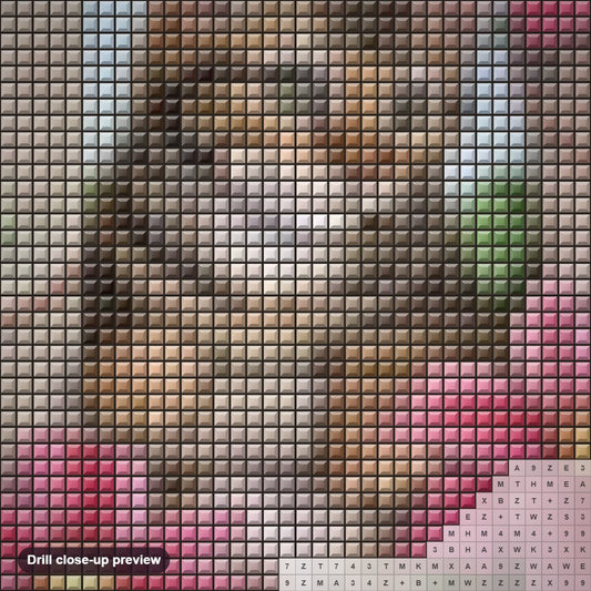 Close-up preview of the Pink Flowers & Spying Cat diamond painting with square 5D drills and printed canvas symbols
