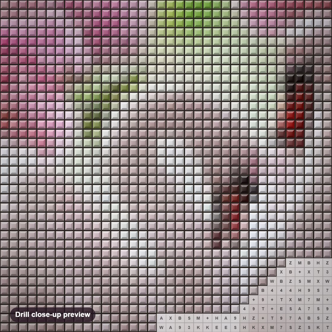 Close-up preview of the Pink Flowers & Swans in the Lake diamond painting with square 5D drills and printed canvas symbols