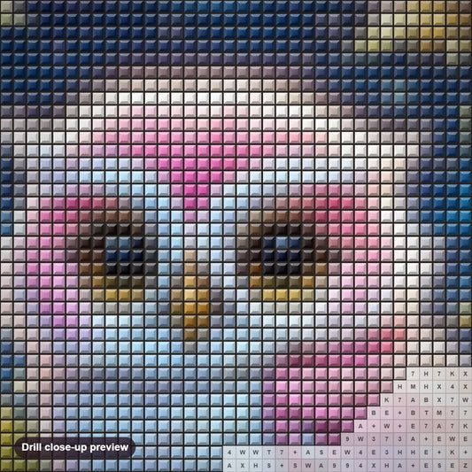 Close-up preview of the Pink Owl in a Starry Night diamond painting with square 5D drills and printed canvas symbols