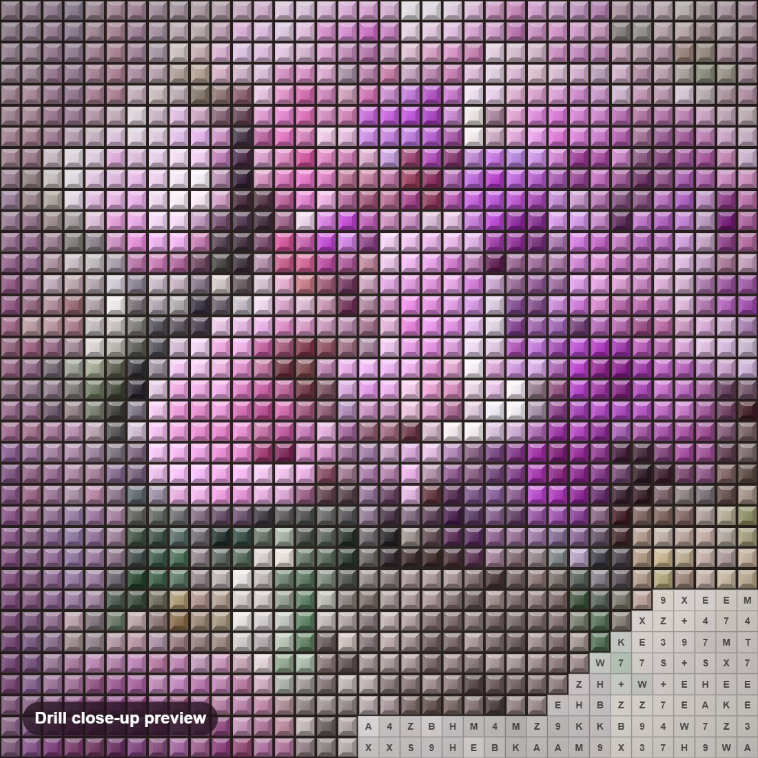 Close-up preview of the Pink & Purple Roses diamond painting with square 5D drills and printed canvas symbols