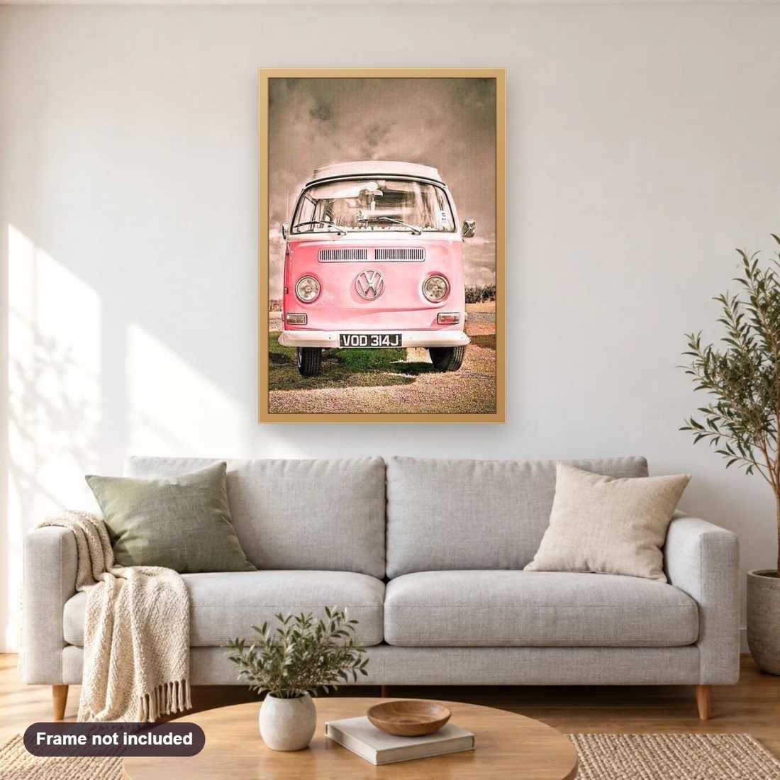 Pink Ride | Full Drill Diamond Painting Kits diamond painting shown framed on a living room wall above a sofa