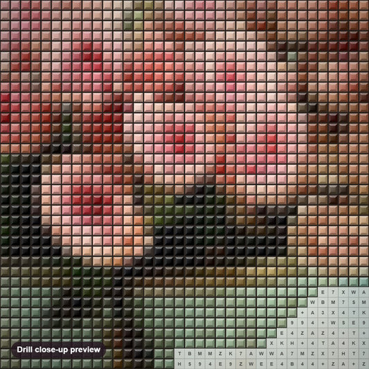 Close-up preview of the Pink Rose Bouquet diamond painting with square 5D drills and printed canvas symbols