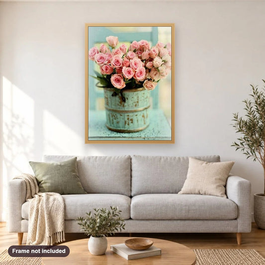 Pink Rose Bouquet diamond painting shown framed on a living room wall above a sofa
