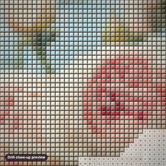 Close-up preview of the Pink Rose Garden diamond painting with square 5D drills and printed canvas symbols