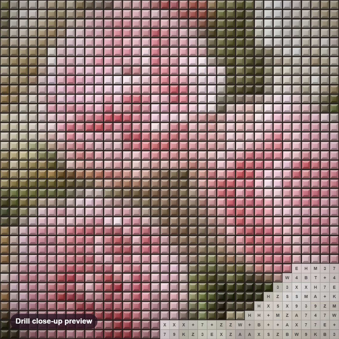 Close-up preview of the Pink & White Peony diamond painting with square 5D drills and printed canvas symbols