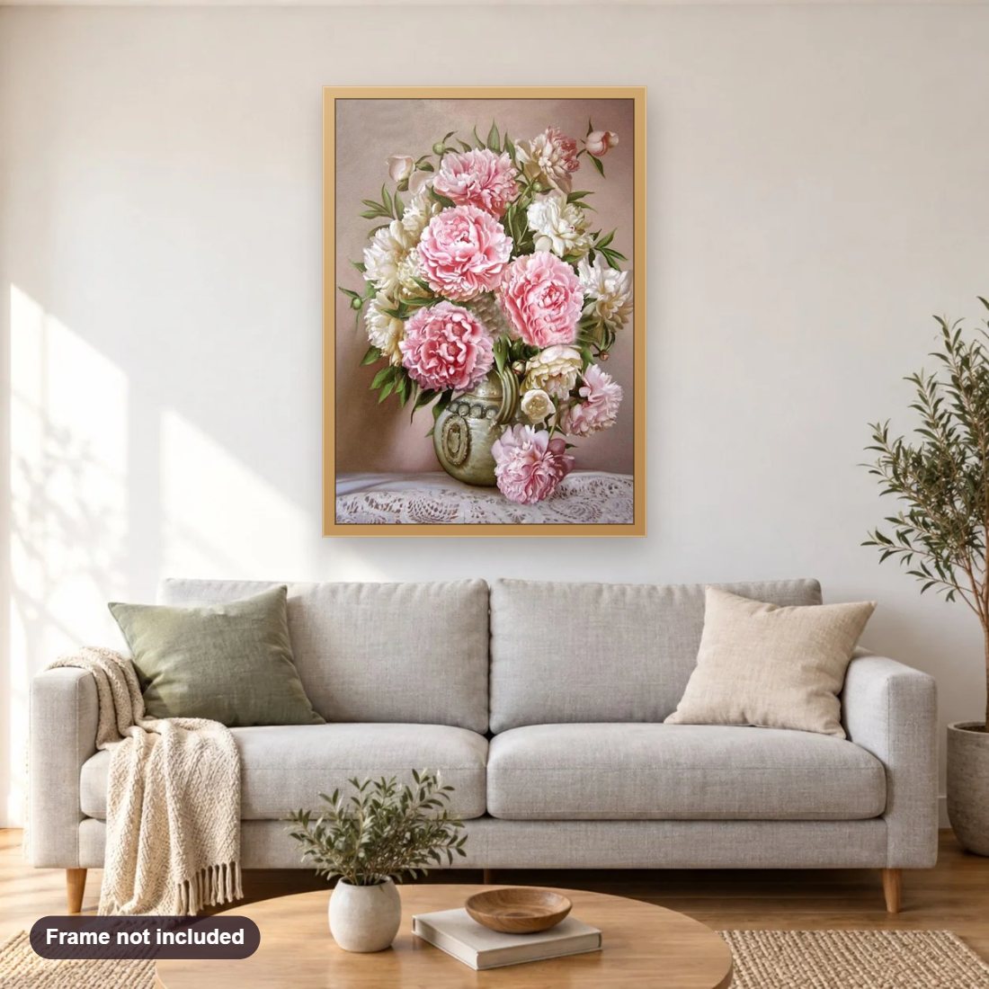 Pink & White Peony diamond painting shown framed on a living room wall above a sofa
